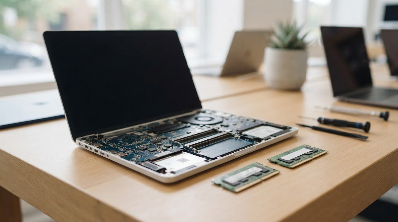 Módulos de memoria RAM junto a notebook abierto mostrando ranuras de expansión