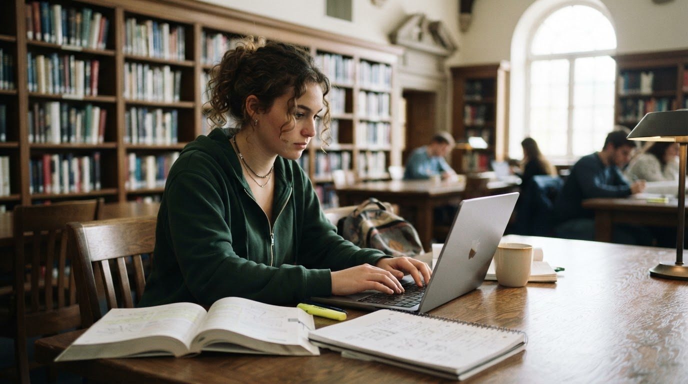 Estudiante universitario usando notebook en biblioteca con libros y cuadernos alrededor