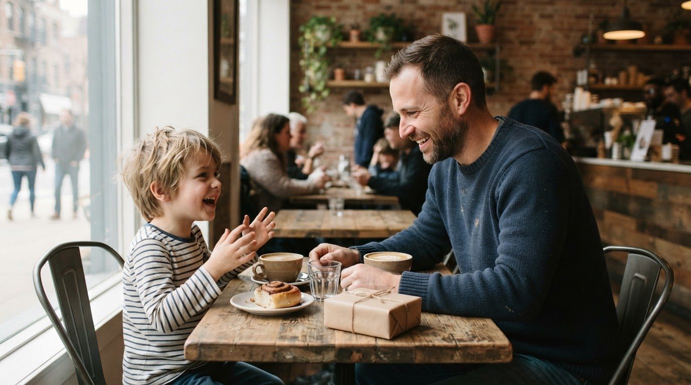 Padre e hijo compartiendo un momento juntos en una cafetería