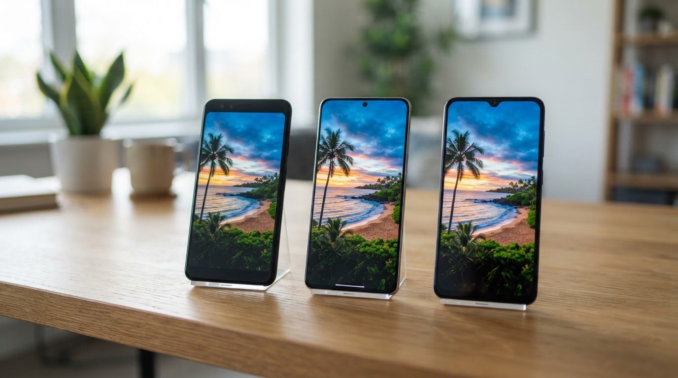 Comparativa de pantallas de diferentes modelos de celulares mostrando calidad de imagen