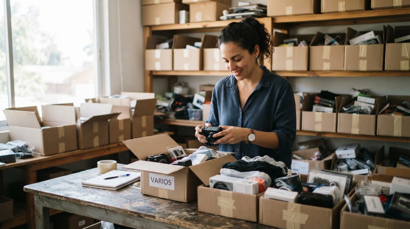 Persona revisando productos en cajas para clasificar qué vender en línea