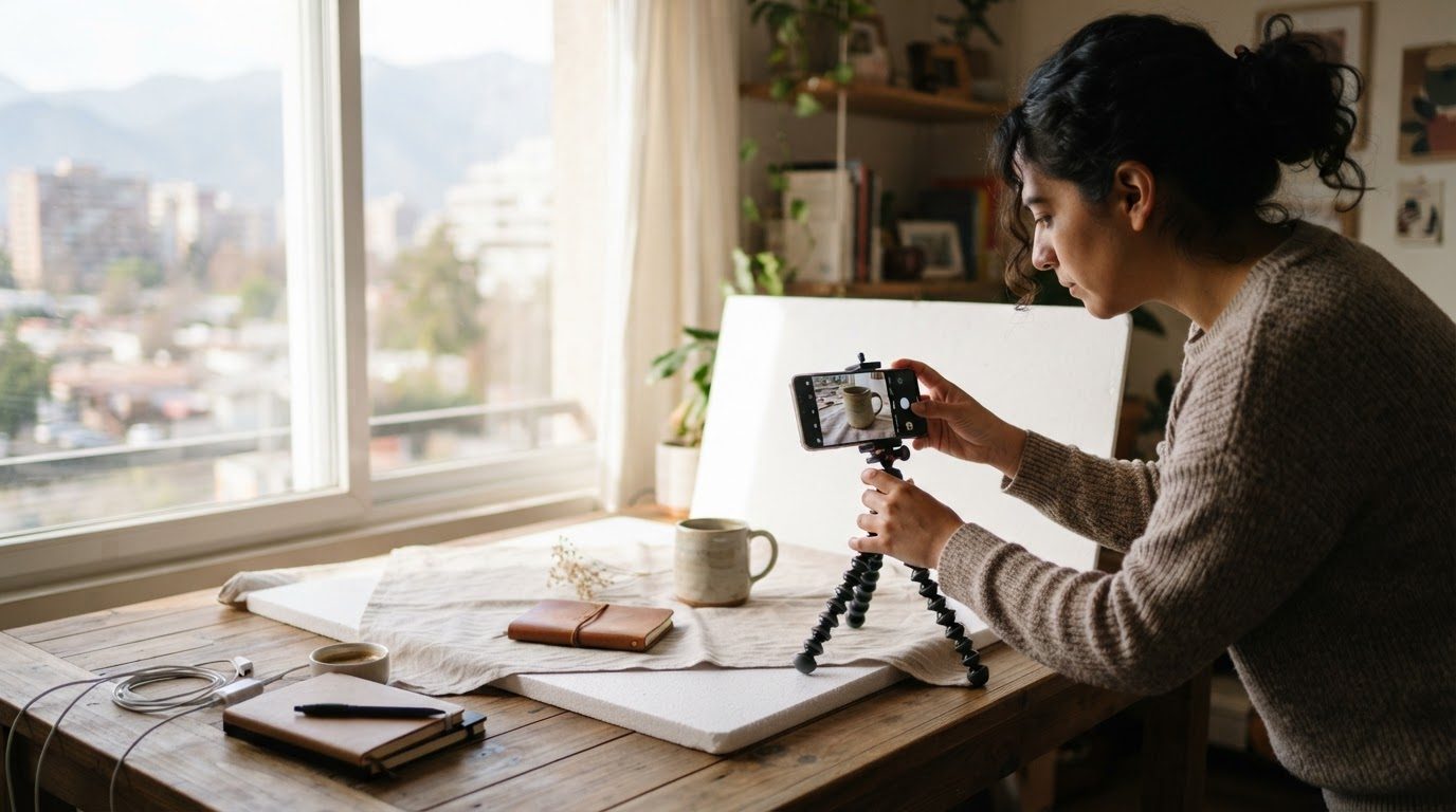 Configuración casera con luz natural para fotografiar productos con celular