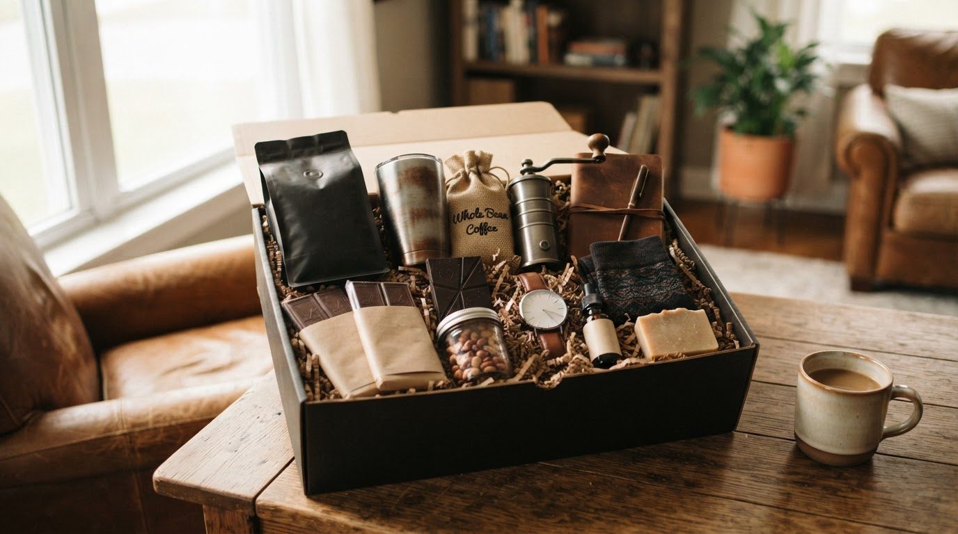 Caja de regalo abierta con productos variados como café, chocolates y accesorios para hombre