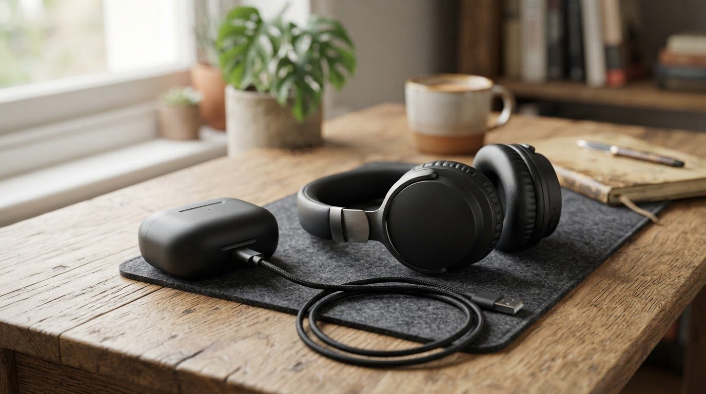 Audífonos over-ear negros junto a su estuche de carga y cable USB