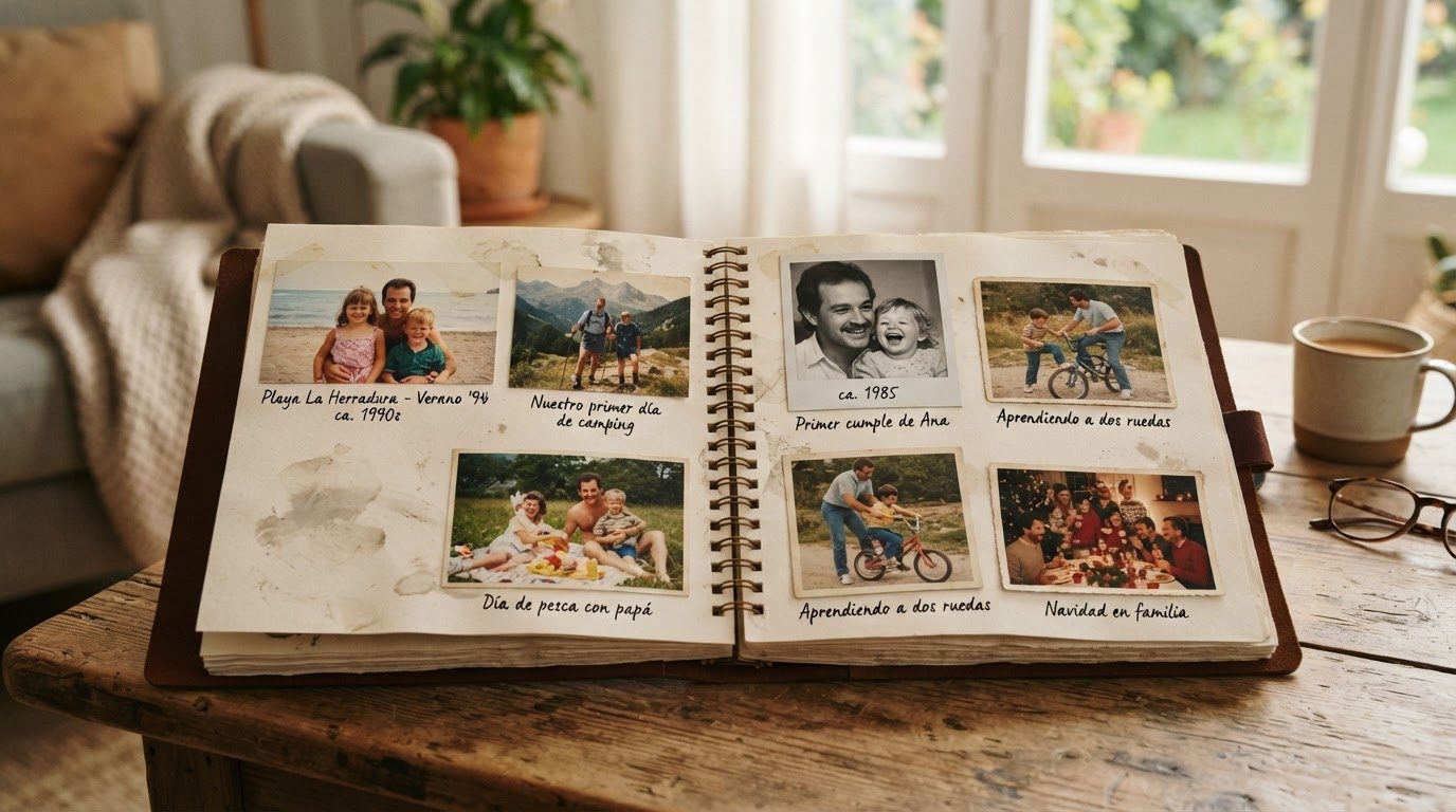 Álbum de fotos casero abierto con fotografías familiares y anotaciones manuscritas