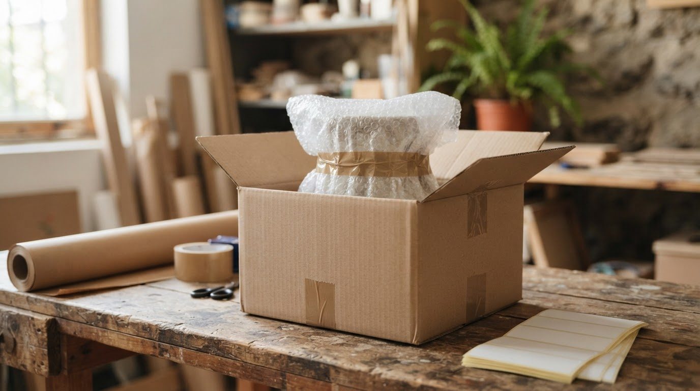 Producto empacado con papel burbuja y caja de cartón listo para envío